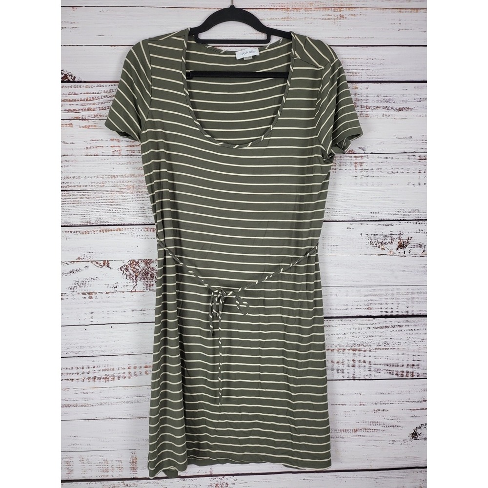 Calvin Klein Midi Dress 14 Womens Green White Striped Short Sleeve Stretch